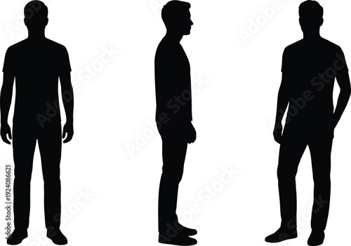 Male standing silhouette set, front side back view black vector illustration isolated on white background for design use
