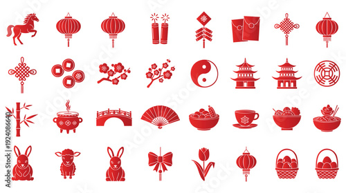 A collection of red Chinese New Year icons on a white background