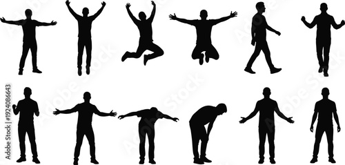 Male Silhouettes Collection Vector Illustration, Standing Jumping and Gesturing Men Isolated Black Figures on White Background