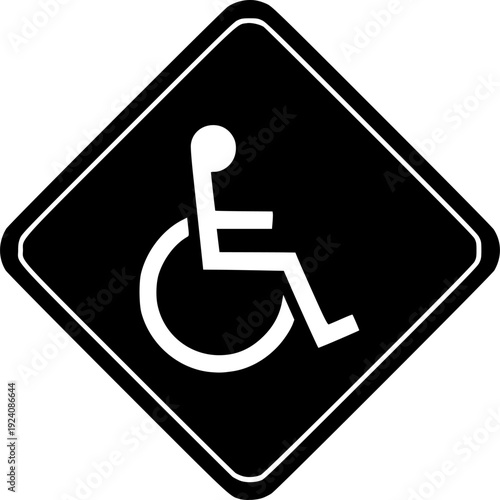 A white wheelchair accessibility symbol on a black diamond shaped sign indicating a disabled person access area
