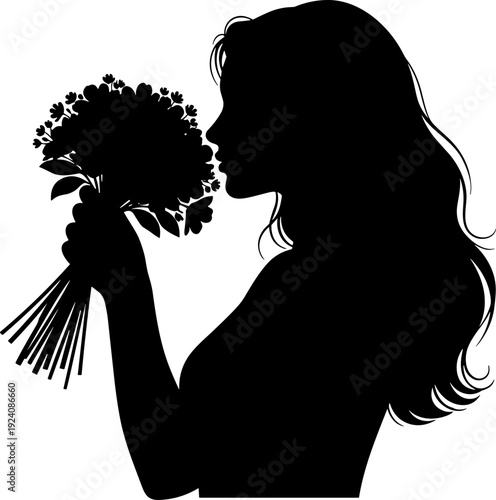Silhouette of a Beautiful Woman Smelling a Flower Bouquet, Elegant Female Profile, Isolated Flat Art