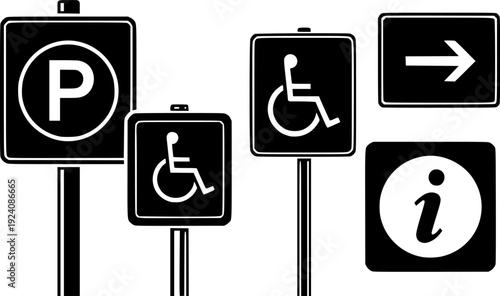 A collection of black and white signs including parking handicap and information signs
