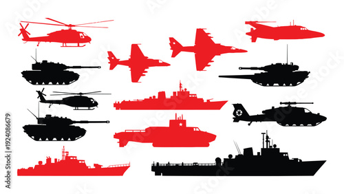 Military vehicles and aircraft icons in red and black isolated on white background, Vector