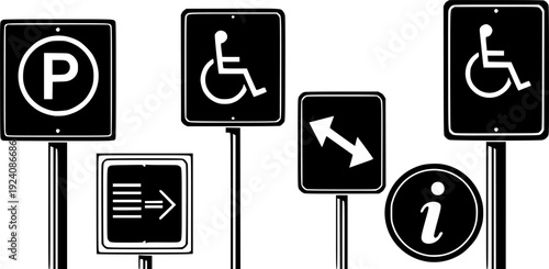 A collection of black and white signs including parking handicap and information signs
