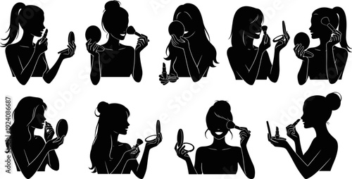 Set of Women Silhouettes Applying Makeup and Beauty Products Flat Vector Illustration