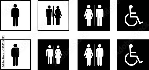 Collection of eight square icons representing restroom facilities including accessible wheelchair symbols and gendered male and female figures in white and black variations 