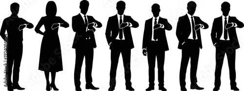 Silhouettes of Business People Checking Wristwatch, Time Management and Punctuality Set, Flat Art