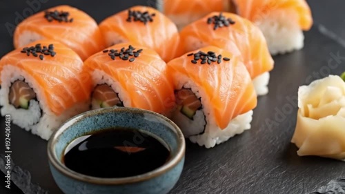 Salmon sushi rolls with black sesame seeds, served on a dark platter with a small bowl of soy sauce and a side of pickled ginger.

