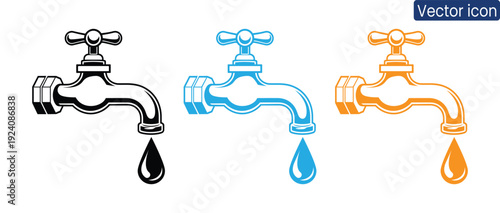 Three stylized faucet icons with dripping water in black, blue, and orange on white background