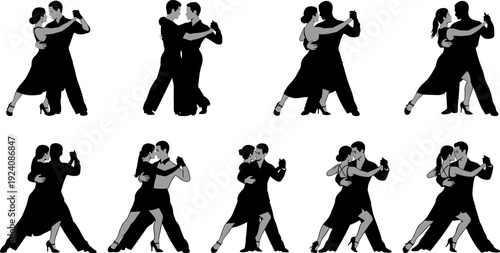 Silhouettes of Couples Dancing Tango and Ballroom, Romantic Dancers Set in Poses, Isolated Flat Art