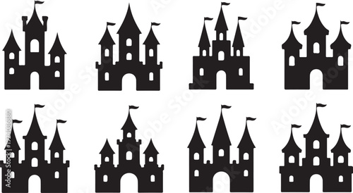 A collection of eight majestic fantasy castle silhouettes with multiple towers and flags