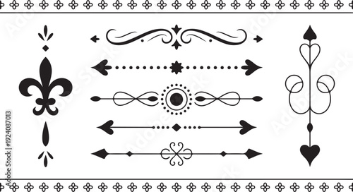 A collection of elegant black and white ornamental dividers and borders including a stylized fleur de lis symbol