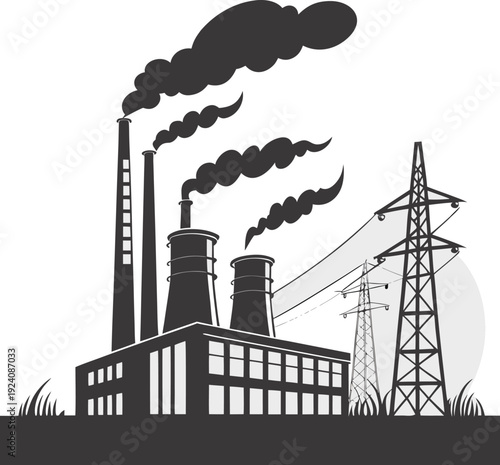  Factory silhouette with smoke stacks emitting fumes, Industrial pollution  hazard icon. 
