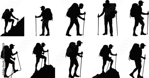Silhouettes of Hikers with Backpacks and Trekking Poles, Mountaineering Adventure Set, Isolated Flat Art