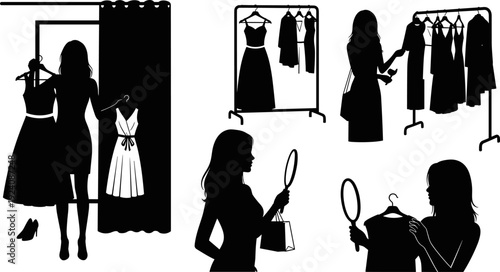 Silhouettes of Women Shopping for Dresses, Female Figures in Fitting Room and Boutique, Flat Art