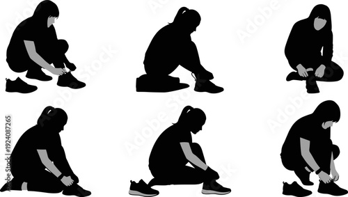 Silhouettes of Women Tying Shoelaces, Female Athletes Preparing for Running and Fitness, Flat Art