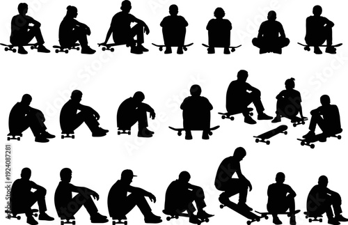 Sitting Skateboarders Silhouettes Set, Urban Youth Lifestyle and Skating Flat Vector Illustration