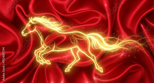 Fiery Horse Silhouette Galloping on Red Fabric.