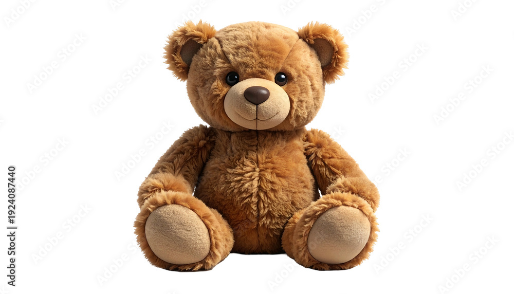 Fototapeta premium Plush brown teddy bear with dark eyes and tan snout, sitting against a black background
