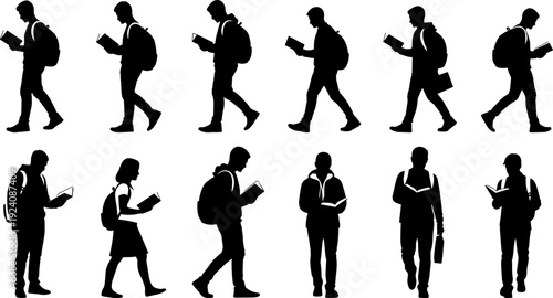 Student Silhouettes Set, People Walking and Reading Books with Backpacks, Flat Vector Illustration