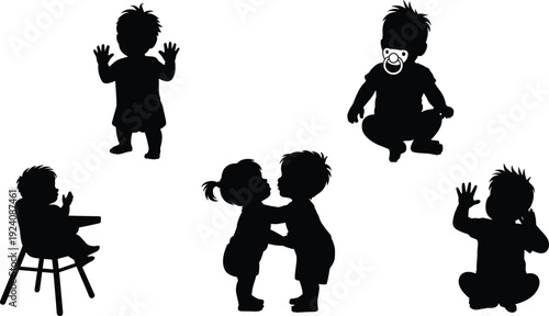 Black vector silhouette set of cute babies and toddlers playing sitting in a high chair and hugging for parenting childhood and family branding, cad drawing flat vector illustration