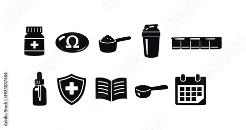 Fitness and health outline icon set: supplements, nutrition, and exercise symbols