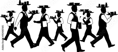 Waiters Carrying Trays with Food and Drinks, Set of Server Silhouettes in Flat Vector Style