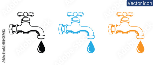 Three stylized faucet icons with dripping water in black, blue, and orange on white background