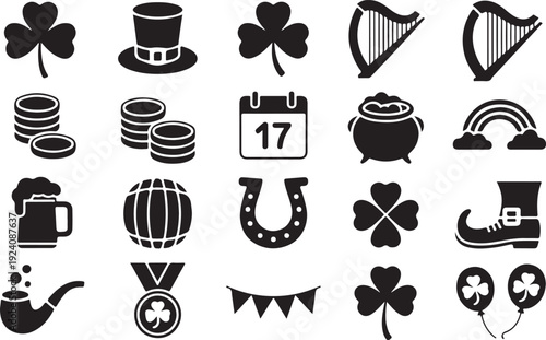 A comprehensive collection of black silhouette icons representing St Patricks Day symbols and celebrations