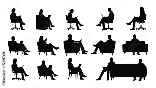 Various silhouettes of people sitting on different types of furniture isolated on white background, Vector