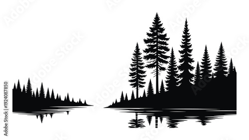 A black silhouette of a forest and lake isolated on white background, Vector