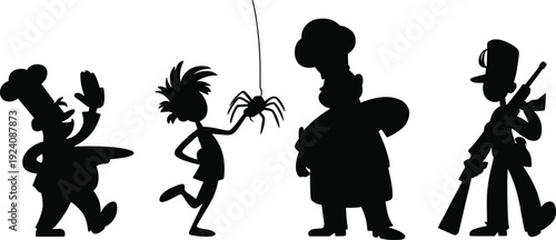 Black vector silhouette set of diverse cartoon characters including professional chefs a whimsical boy with a spider and a soldier for storytelling and branding