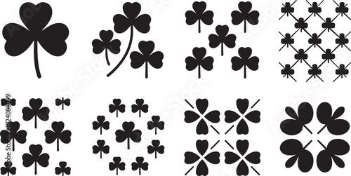 A diverse collection of black silhouette icons showcasing various three leaf clover shapes and patterns