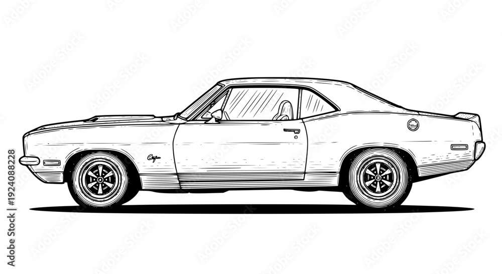 Fototapeta premium Muscle Car Engraving Sketch Vector – Vintage Etching Style