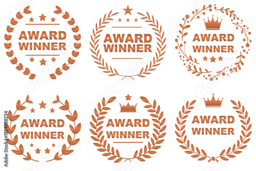 Laurel wreath badges shiny bronze, on transparent background. Vector set.