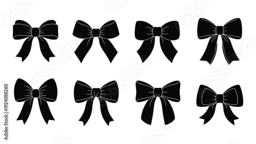 A collection of black bows with sparkly details isolated on white background, Vector