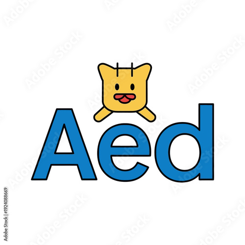 Playful cartoon cat character holding the stylized name aed