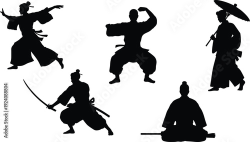 Black vector silhouette set of Japanese samurai warriors and martial artists with katana sword and traditional umbrella for ancient asian culture and combat branding