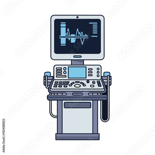 Medical ultrasound machine displaying diagnostic imaging results on its screen