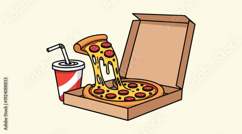 Cute Pizza Box and Soda Cartoon Illustration