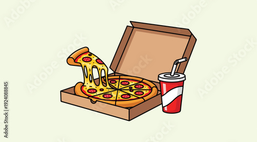 Cute Pizza Box and Soda Cartoon Illustration