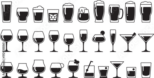 A large assortment of black and white drink glasses with various shapes and liquid fills displayed on white
