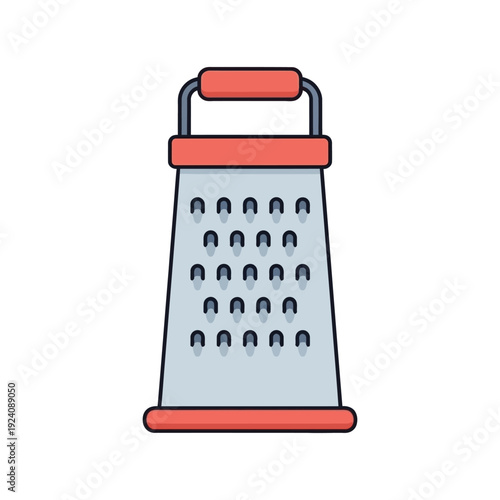 A simple illustration of a red-handled kitchen grater against a plain background