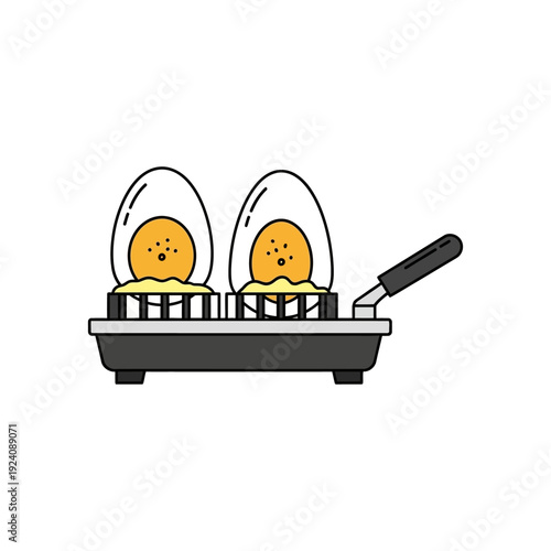 Two boiled eggs being lifted from an egg boiler with tongs
