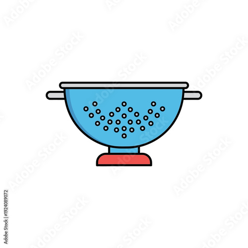 A colorful illustration of a colander filled with small round objects.