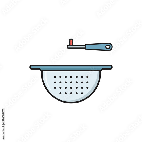 Illustration of a colander with a ladle and spatula