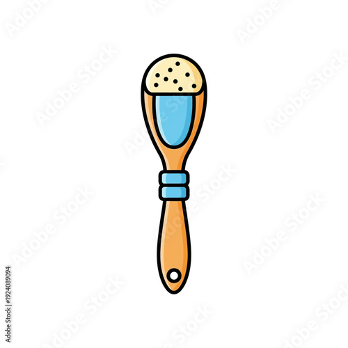 A stylized illustration of a wooden makeup brush with a blue ferrule and bristles