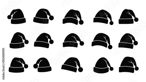 A group of black santa hats on a white background isolated on white background, Vector