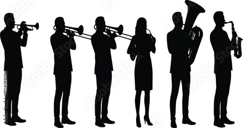 Large Collection of Musician Silhouettes Featuring Men and Women Playing Trumpet Trombone Tuba and Saxophone Isolated on White Background for Jazz and Classical Music Projects