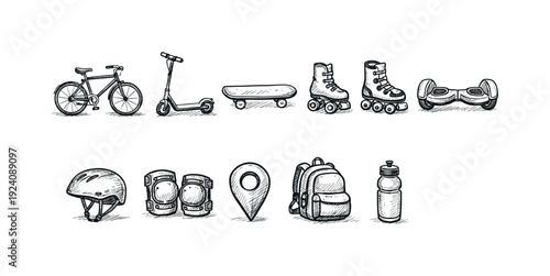 Outdoor sports and activities icon set in sketch style for adventure and fitness